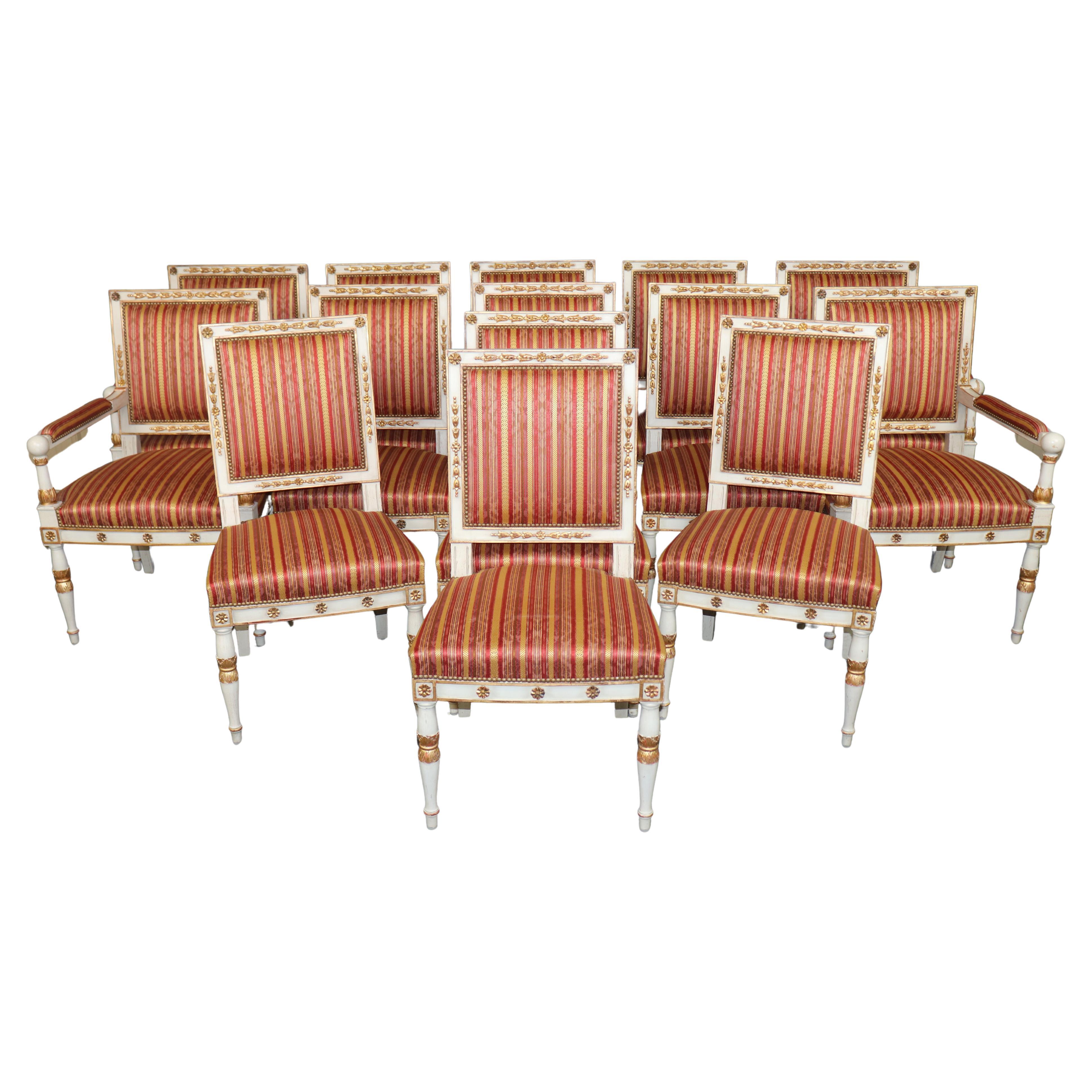 14 French Empire style Paint Decorated Carved Gilt Chairs by Balzarotti of Paris For Sale