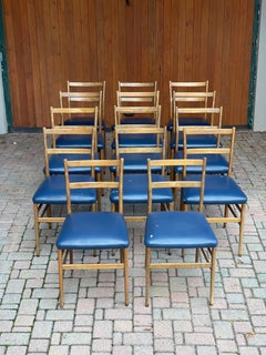 14 Gio Ponti Dining Chairs, Wood And Blue Leather, Italian Collectible Furniture