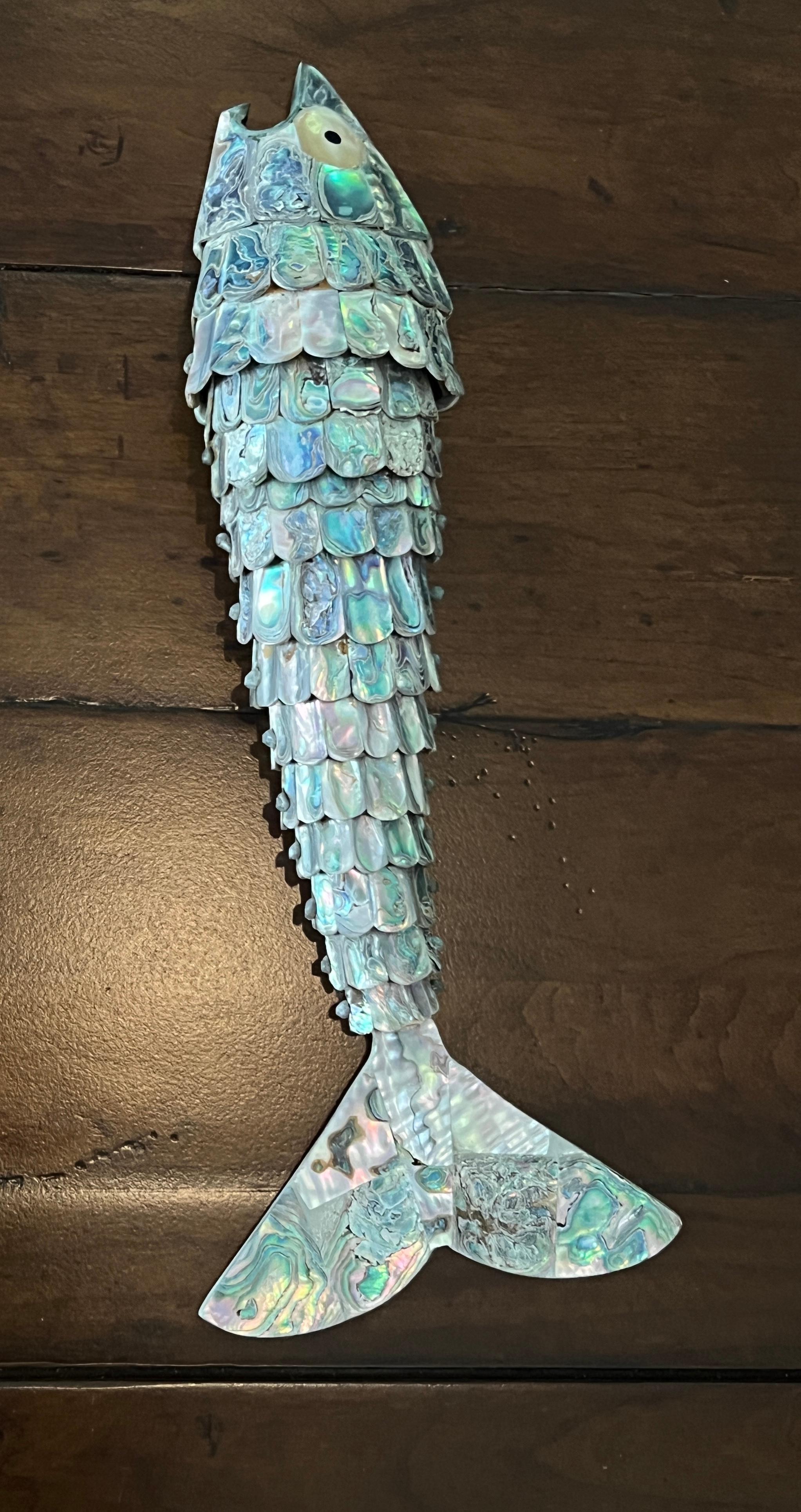 14 Inch Abalone and Brass Fish Bottle Opener in the Style of Los Castillo 4