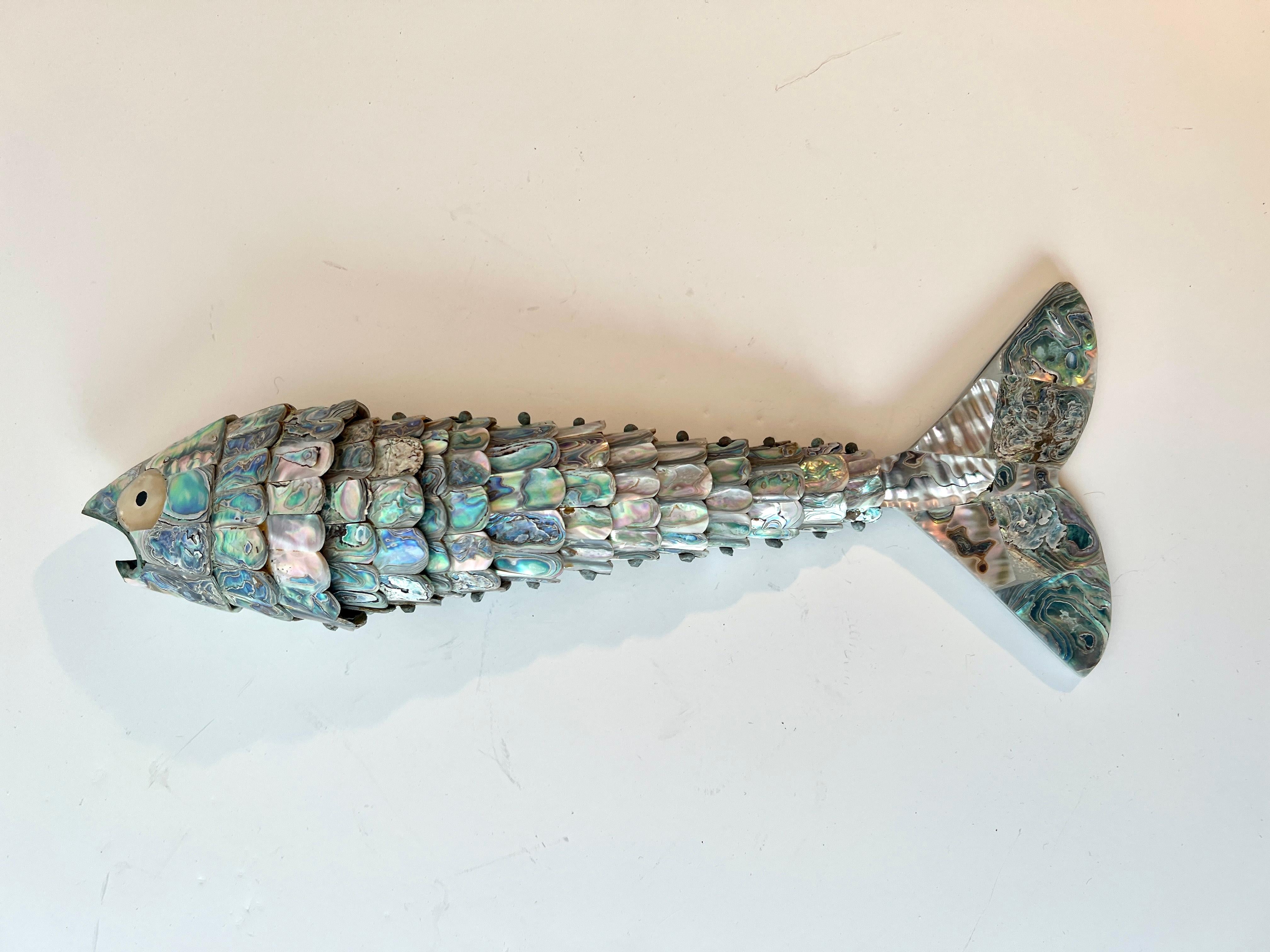 Mid-Century Modern 14 Inch Abalone and Brass Fish Bottle Opener in the Style of Los Castillo