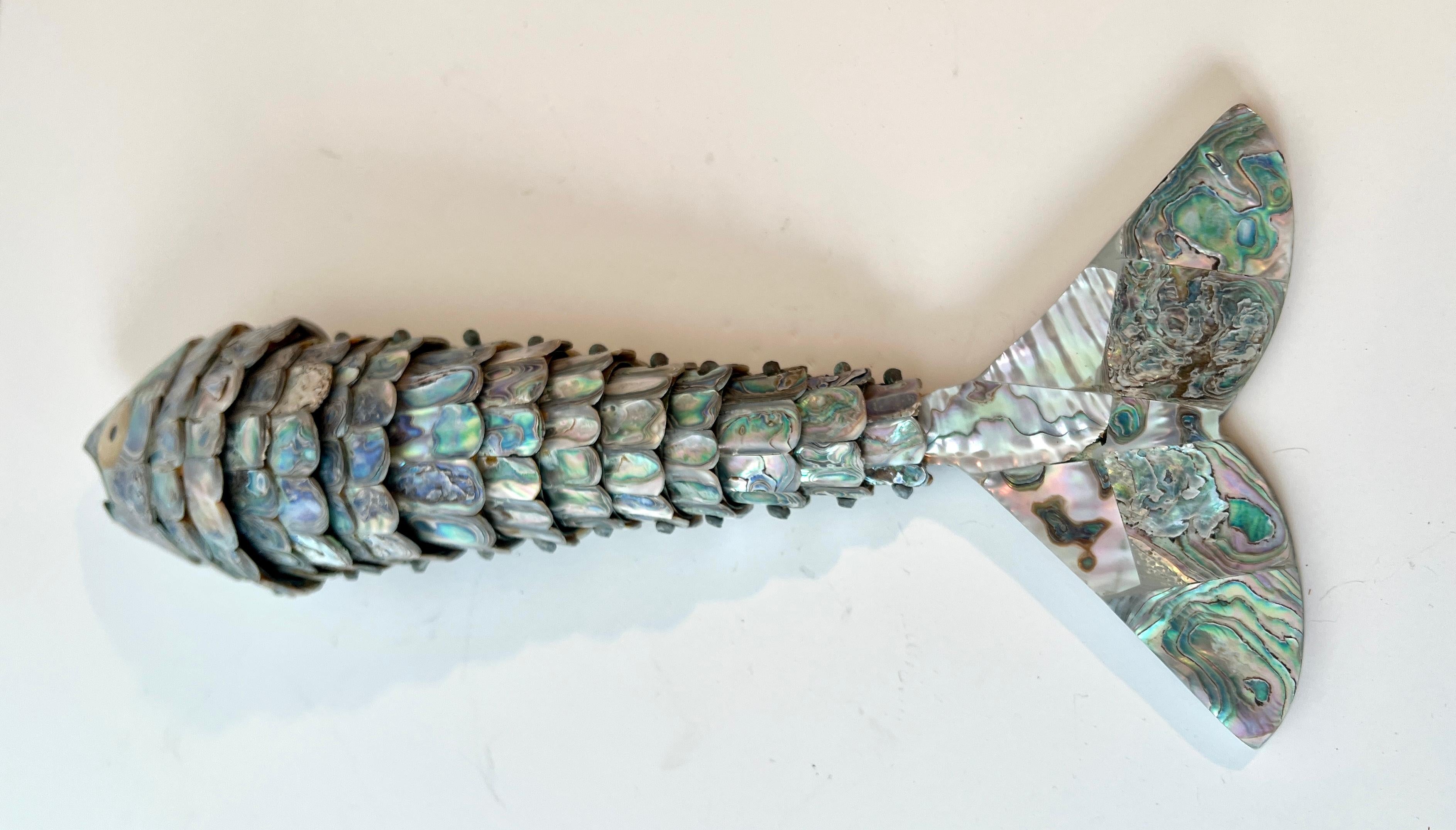 Mexican 14 Inch Abalone and Brass Fish Bottle Opener in the Style of Los Castillo
