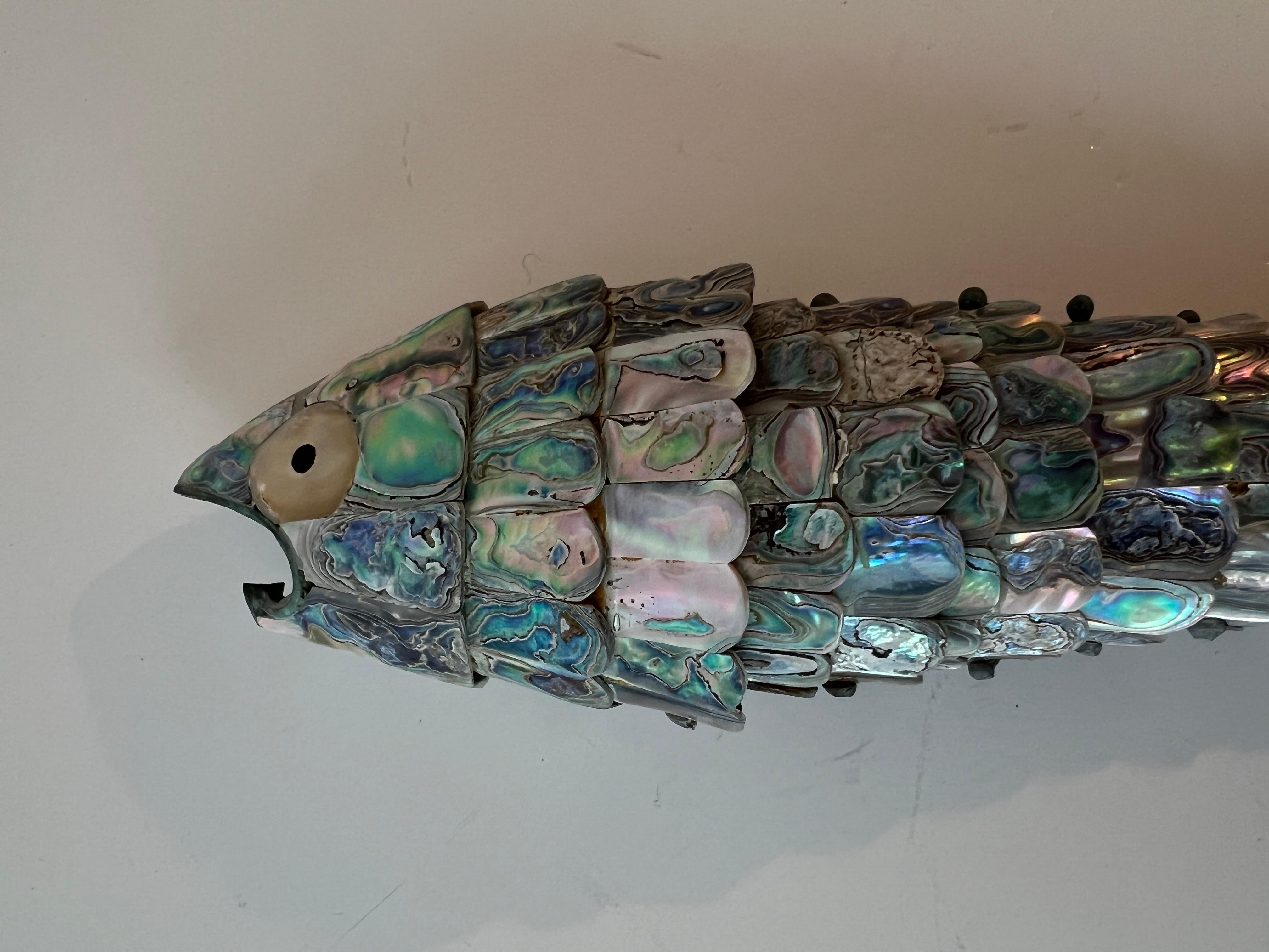 Hand-Crafted 14 Inch Abalone and Brass Fish Bottle Opener in the Style of Los Castillo