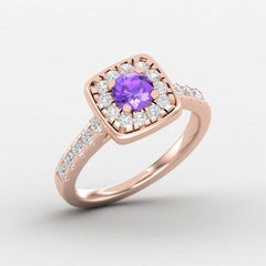 14 K Gold Amethyst Ring / 2 MM Round Diamond Solitaire Ring / Ring for Her