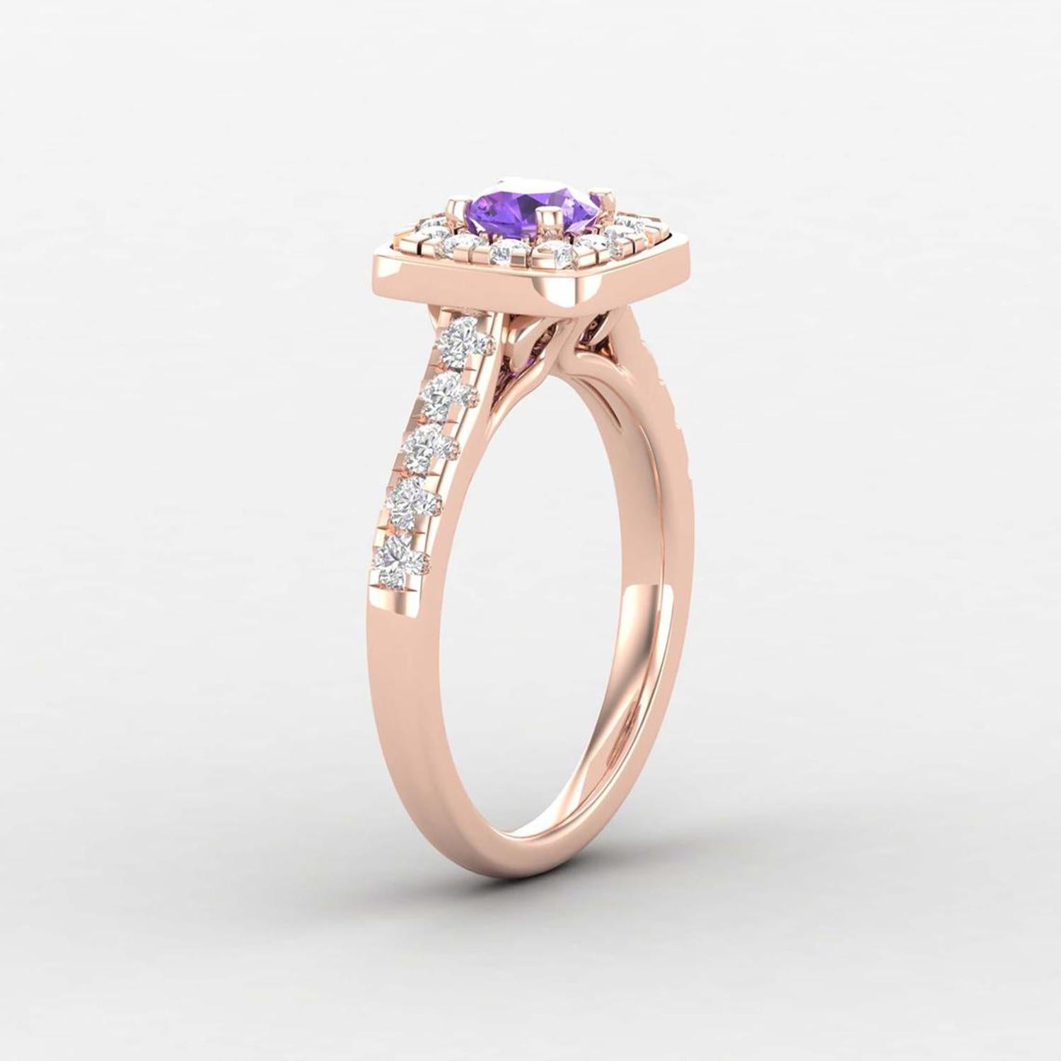 Modern 14 K Gold Amethyst Ring / 2 MM Round Diamond Solitaire Ring / Ring for Her For Sale