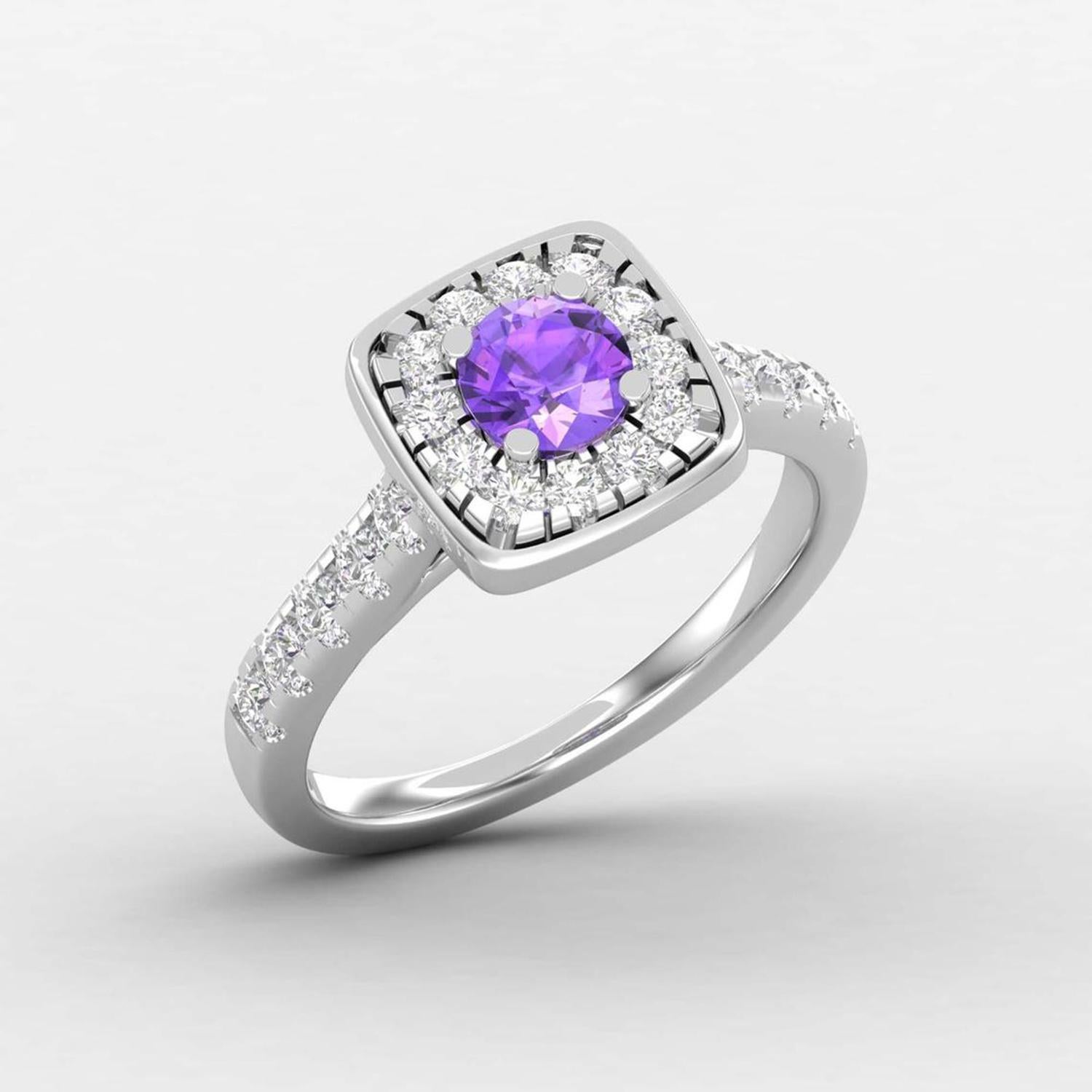 Round Cut 14 K Gold Amethyst Ring / 2 MM Round Diamond Solitaire Ring / Ring for Her For Sale