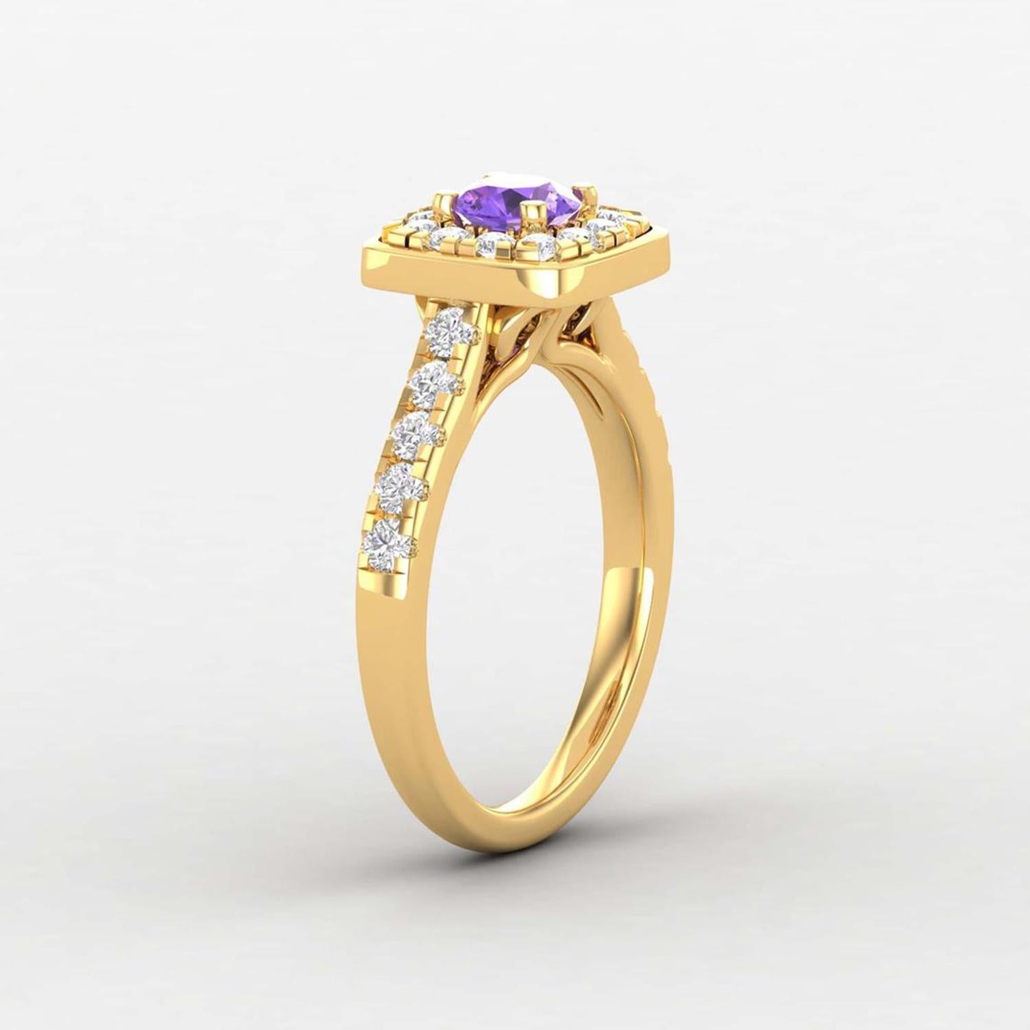 14 K Gold Amethyst Ring / 2 MM Round Diamond Solitaire Ring / Ring for Her In New Condition For Sale In Jaipur, RJ