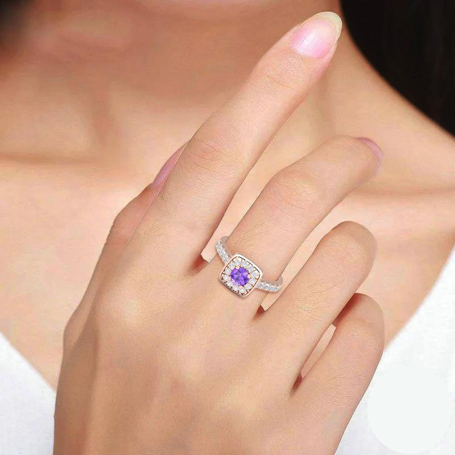 Women's 14 K Gold Amethyst Ring / 2 MM Round Diamond Solitaire Ring / Ring for Her For Sale