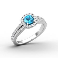 14 K Gold Blue Topaz Round Ring / Round Diamond Ring / Solitaire Ring