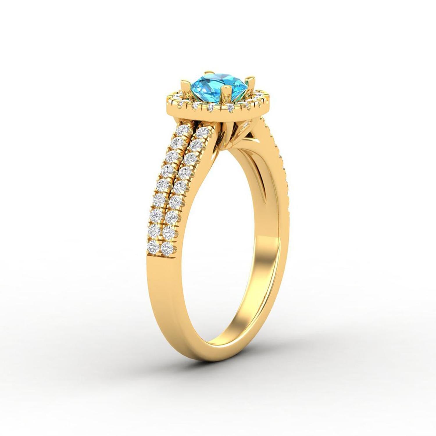 Modern 14 K Gold Blue Topaz Round Ring / Round Diamond Ring / Solitaire Ring For Sale