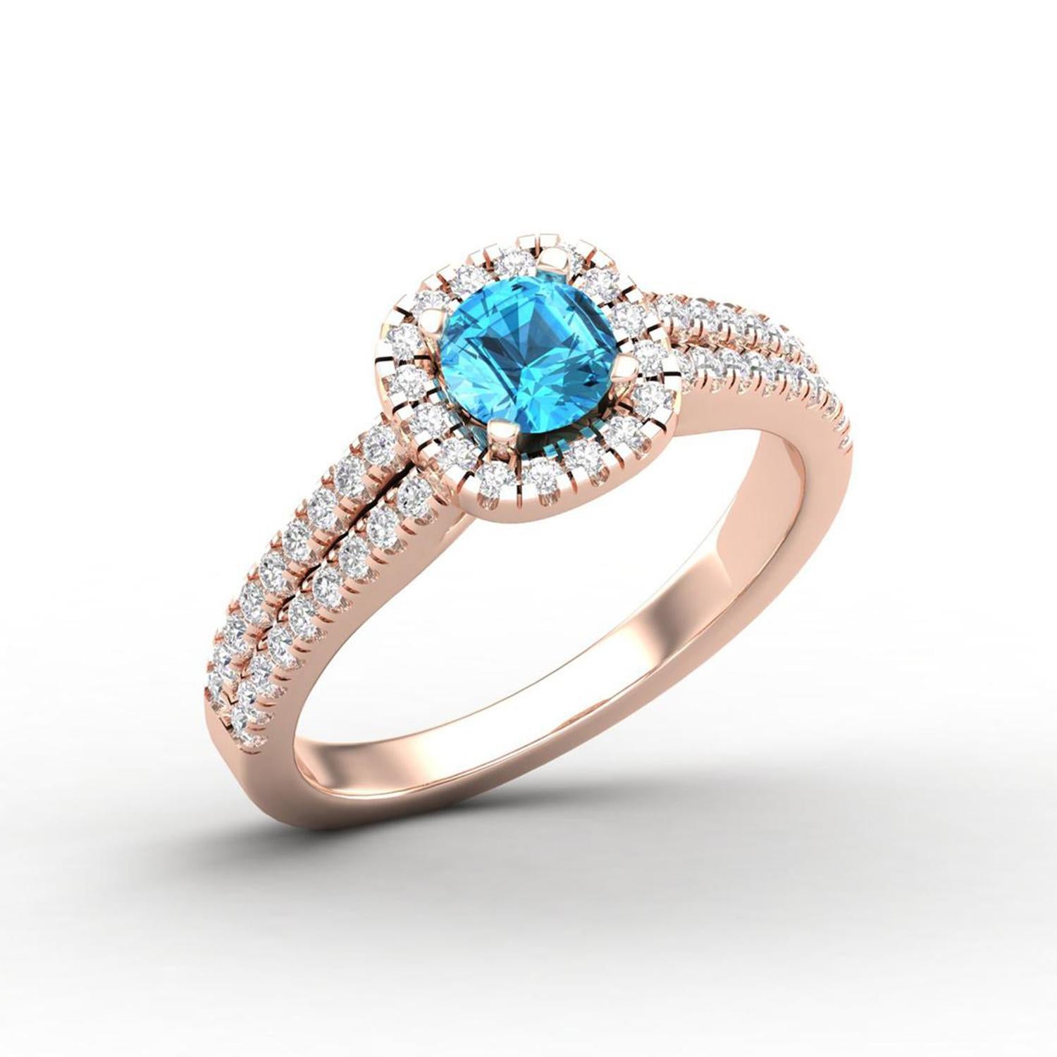Round Cut 14 K Gold Blue Topaz Round Ring / Round Diamond Ring / Solitaire Ring For Sale