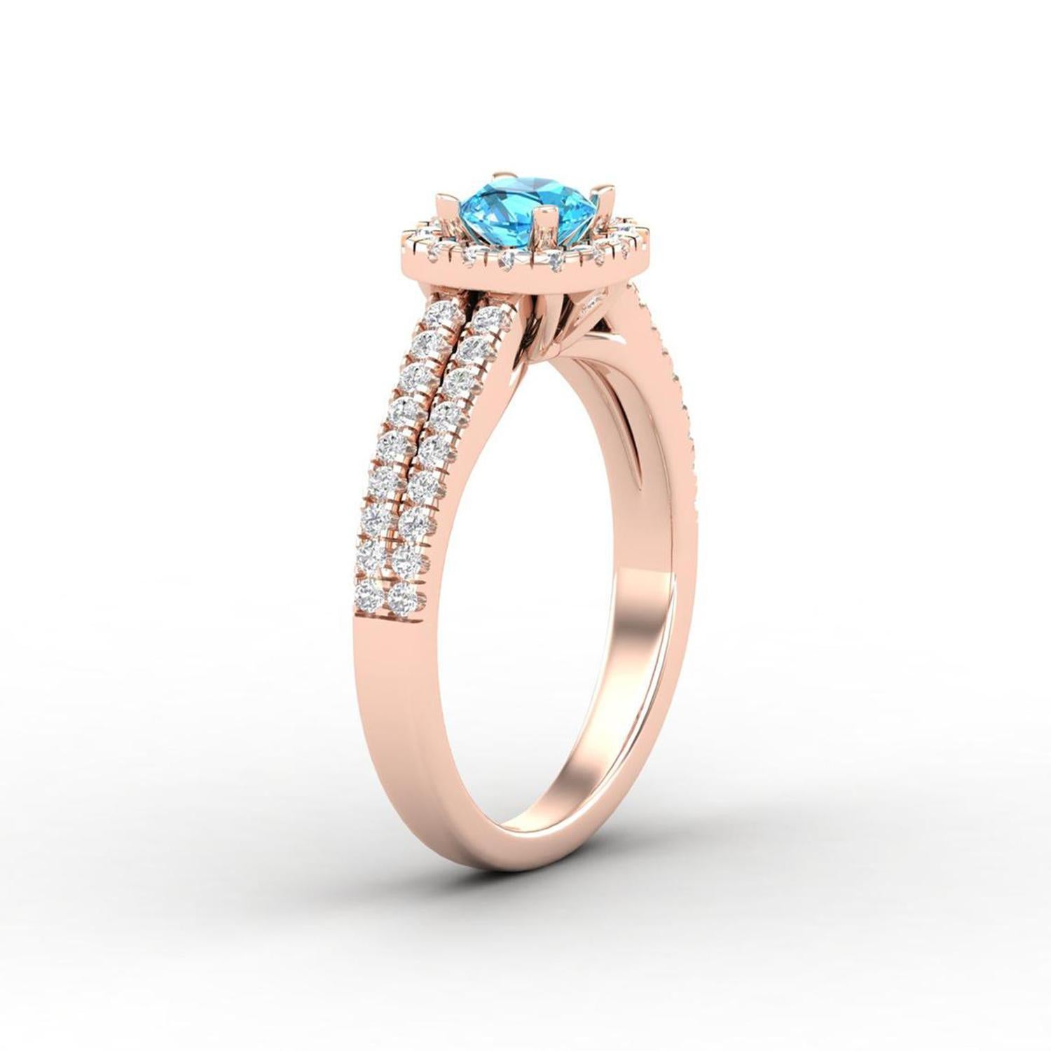14 K Gold Blue Topaz Round Ring / Round Diamond Ring / Solitaire Ring In New Condition For Sale In Jaipur, RJ