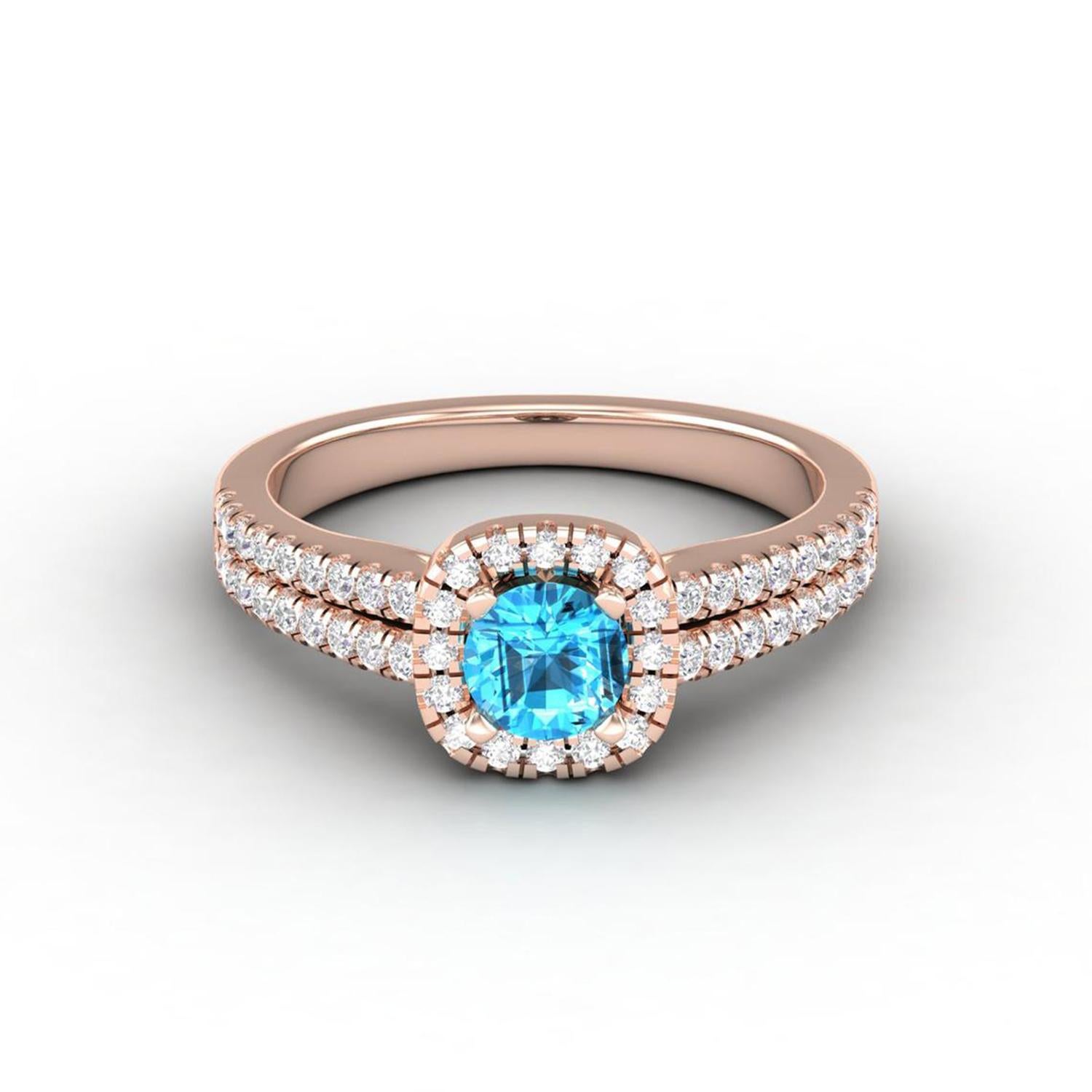 14 K Gold Blue Topaz Round Ring / Round Diamond Ring / Solitaire Ring For Sale 1