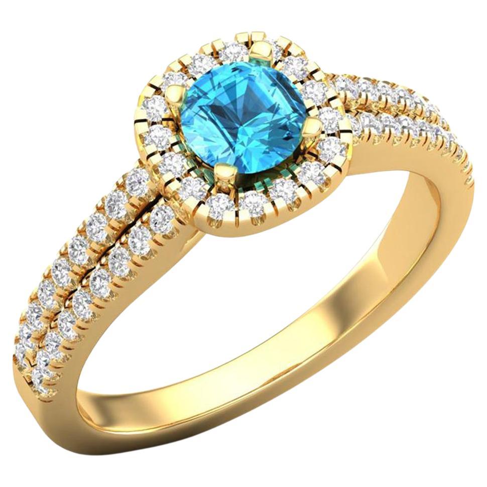 14 K Gold Blue Topaz Round Ring / Round Diamond Ring / Solitaire Ring For Sale