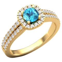 14 K Gold Blue Topaz Round Ring / Round Diamond Ring / Solitaire Ring