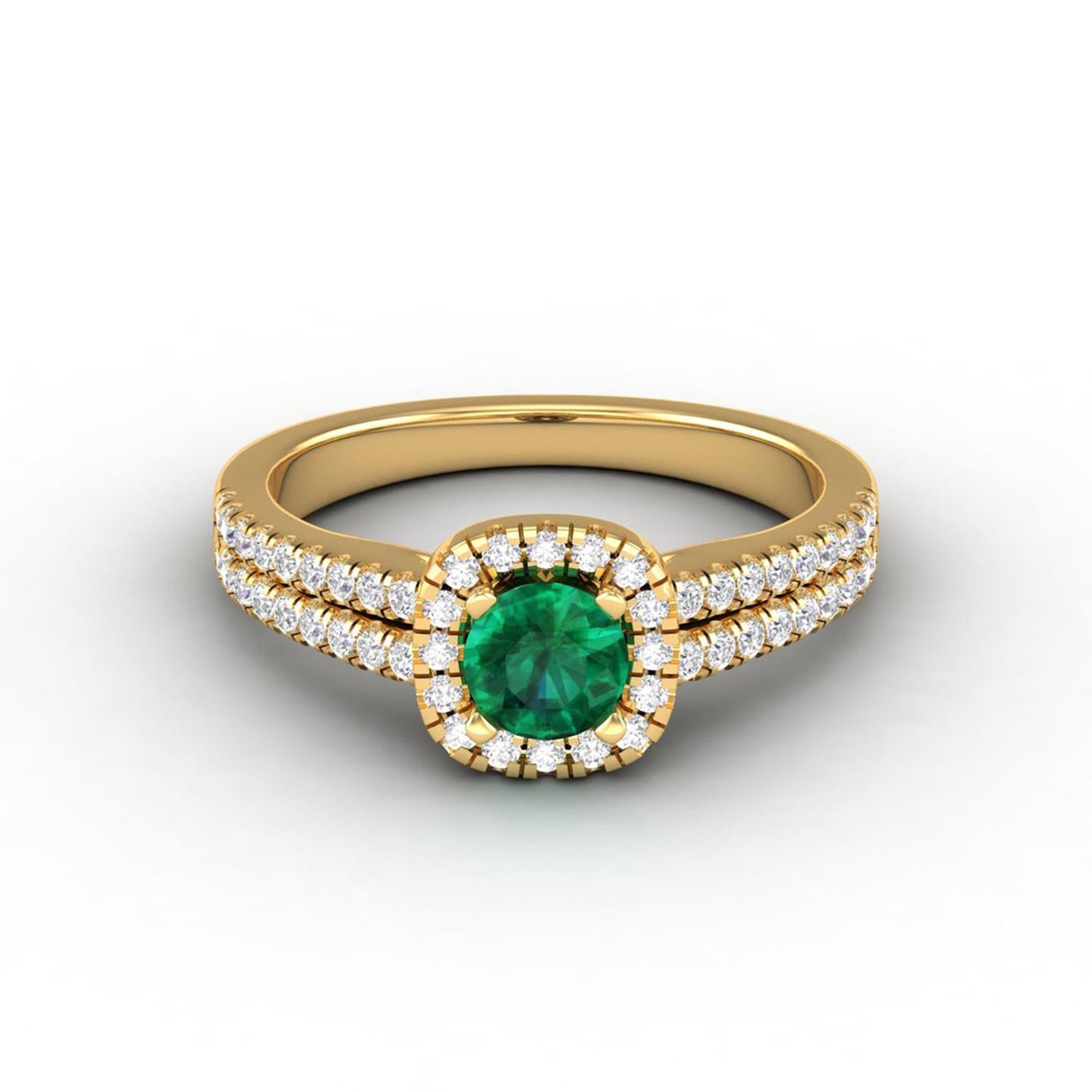Taille ronde Bague solitaire en or 14 carats avec émeraude verte et diamants pour elle en vente