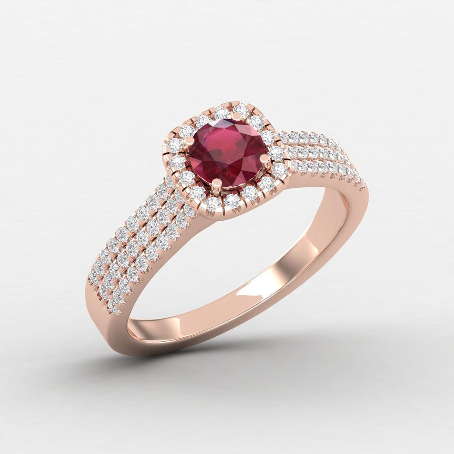 Round Cut 14 K Gold Pink Ruby Ring / Diamond Solitaire Ring / Ring for Her For Sale