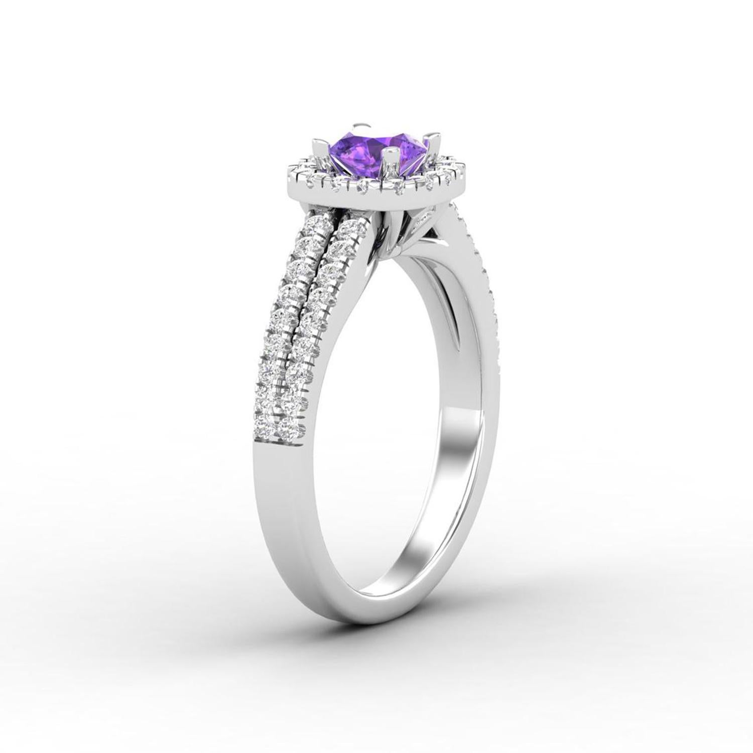 Modern 14 K Gold Round Amethyst Ring / Round Diamond Ring / Solitaire Ring For Sale