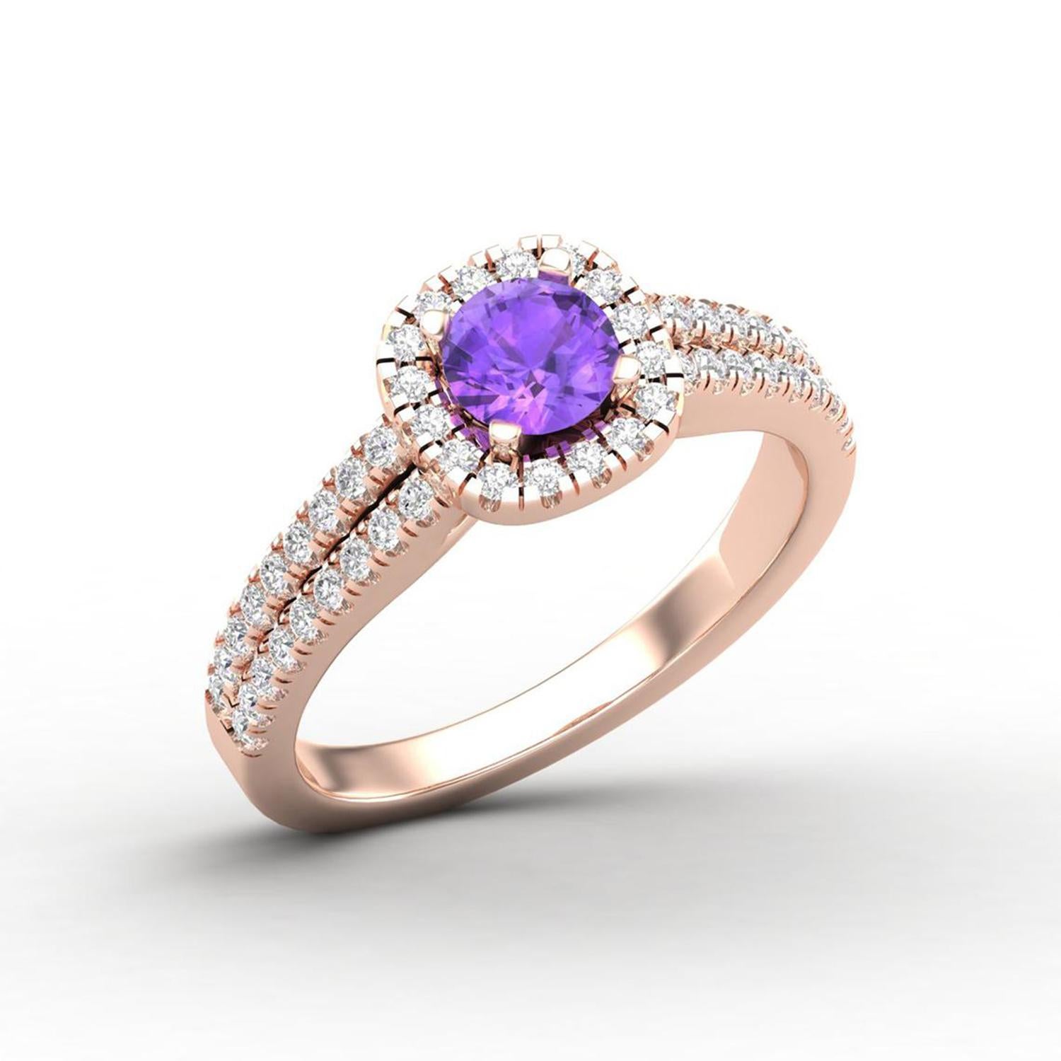 Women's 14 K Gold Round Amethyst Ring / Round Diamond Ring / Solitaire Ring For Sale