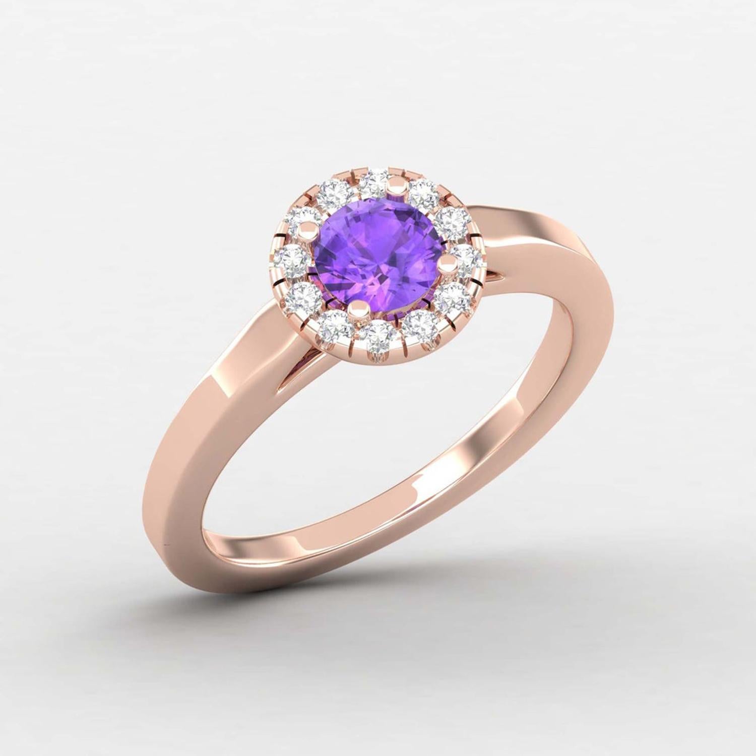 Modern 14 K Gold Round Amethyst Ring / Round Diamond Ring / Solitaire Ring For Sale