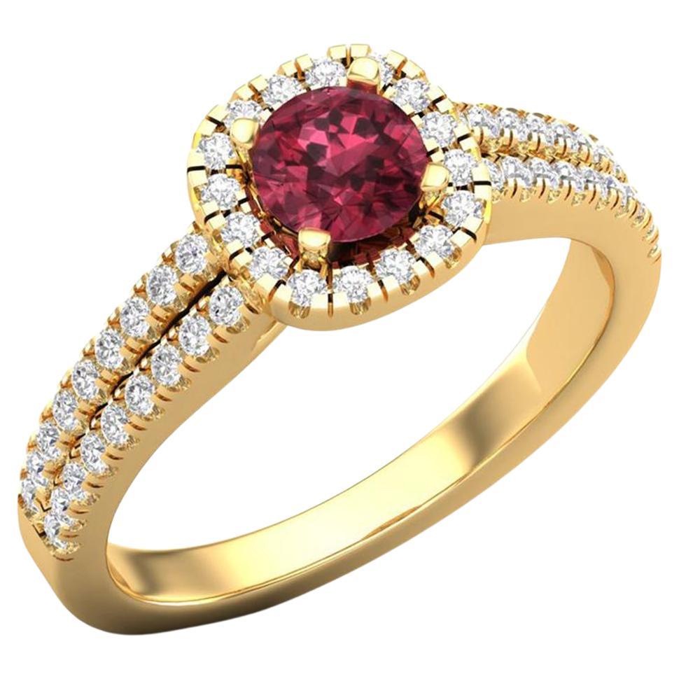 14 K Gold 5 MM Round Garnet Ring / 1.2 MM Round Diamond Ring / Solitaire Ring For Sale