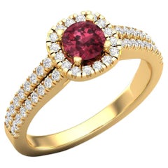 14 K Gold 5 MM Round Garnet Ring / 1.2 MM Round Diamond Ring / Solitaire Ring