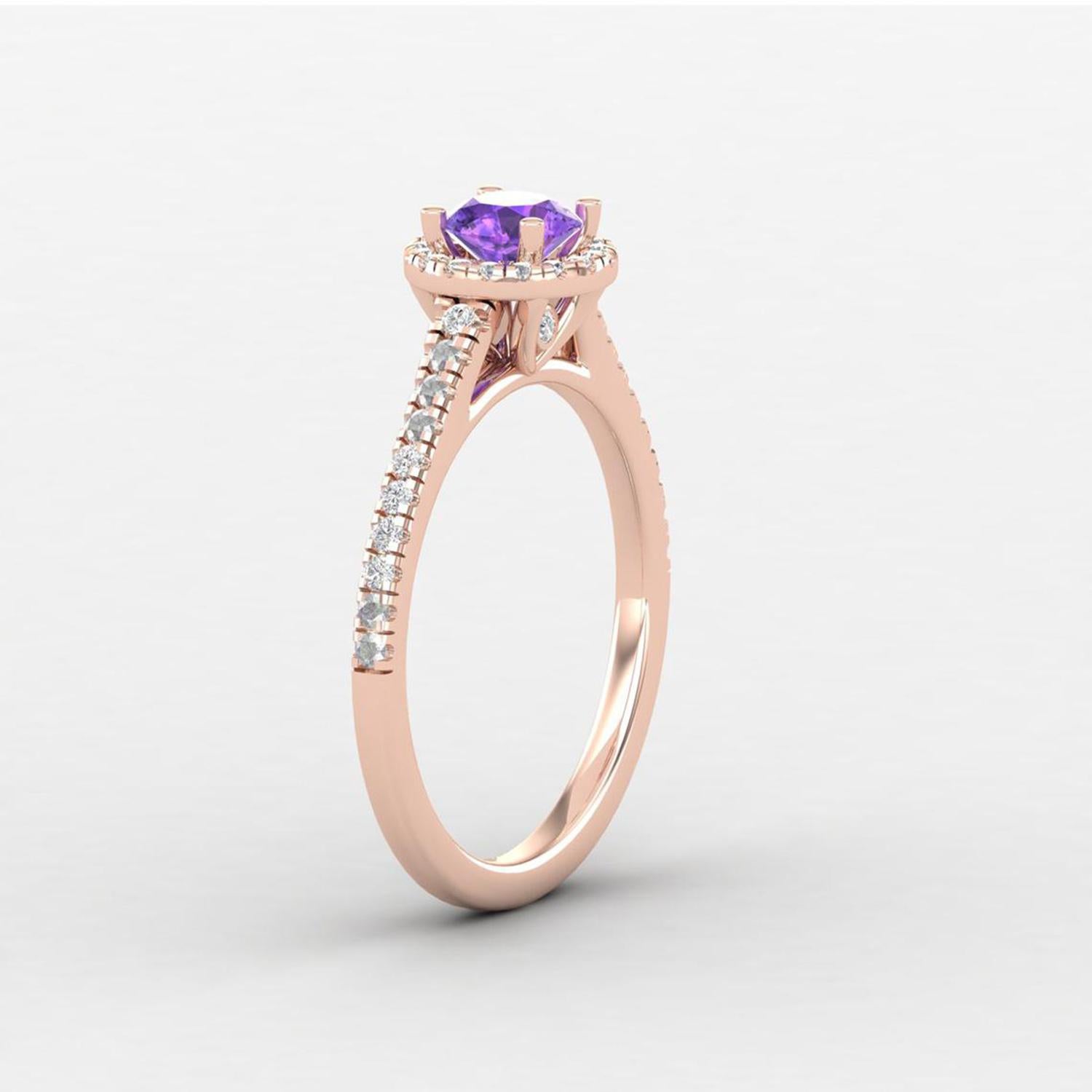 Modern 14 K Gold 5mm Amethyst Ring / Diamond Solitaire Ring / Engagement Ring for Her For Sale