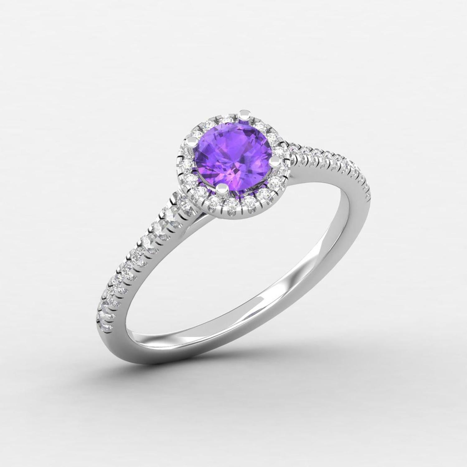 Round Cut 14 K Gold 5mm Amethyst Ring / Diamond Solitaire Ring / Engagement Ring for Her For Sale