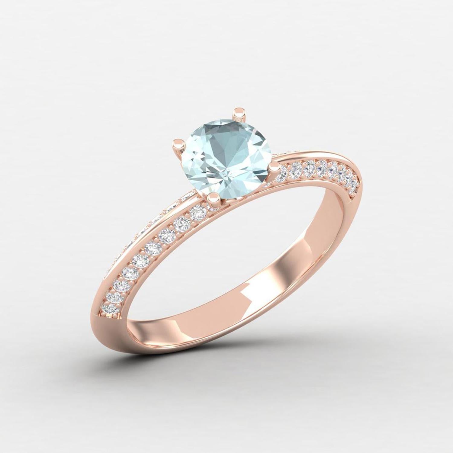 Round Cut 14 K Gold Aquamarine Ring / Diamond Solitaire Ring / Ring for Her For Sale