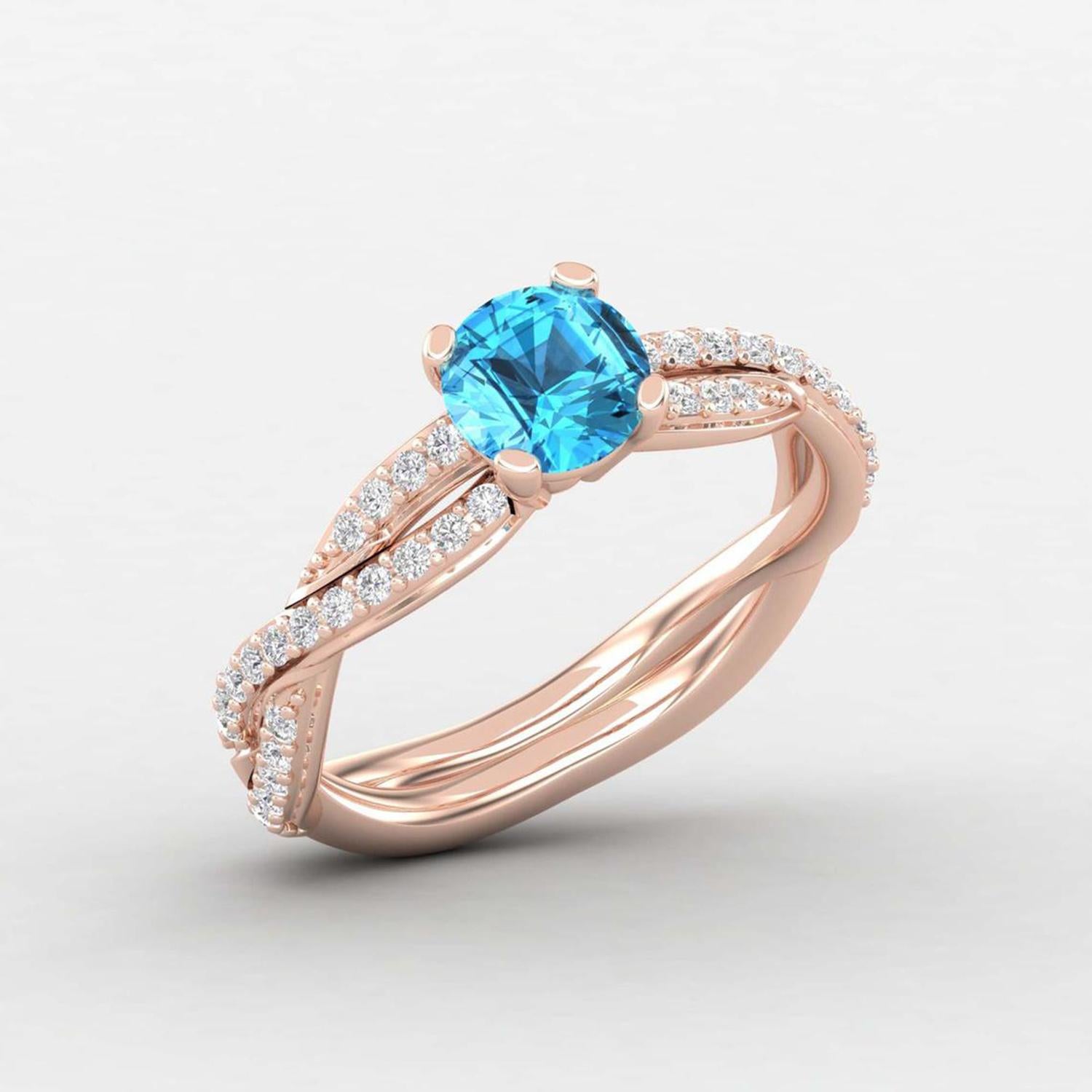 Modern 14 K Gold Blue Swiss Topaz Ring / Diamond Solitaire Ring / Ring for Her For Sale