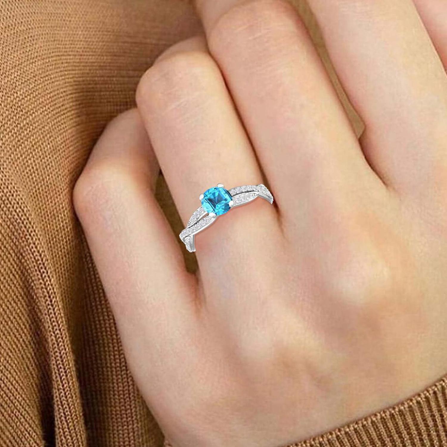 Round Cut 14 K Gold Blue Swiss Topaz Ring / Diamond Solitaire Ring / Ring for Her For Sale