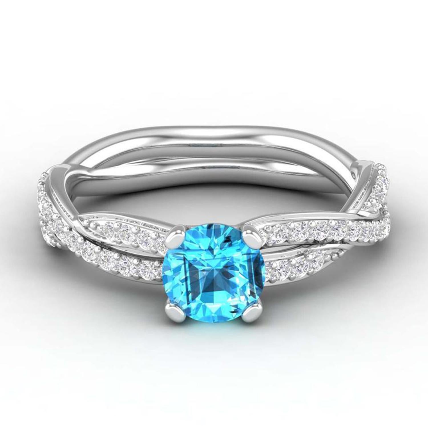 Women's 14 K Gold Blue Swiss Topaz Ring / Diamond Solitaire Ring / Ring for Her For Sale