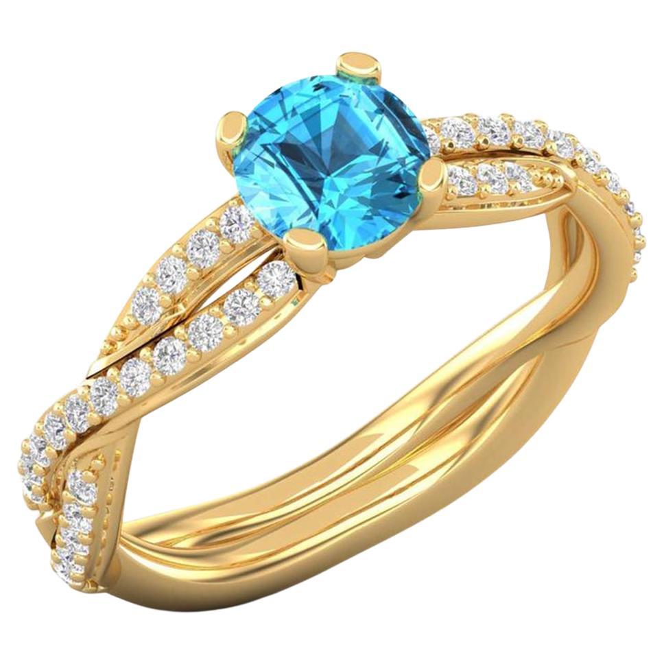 14 K Gold Blue Swiss Topaz Ring / Diamond Solitaire Ring / Ring for Her For Sale