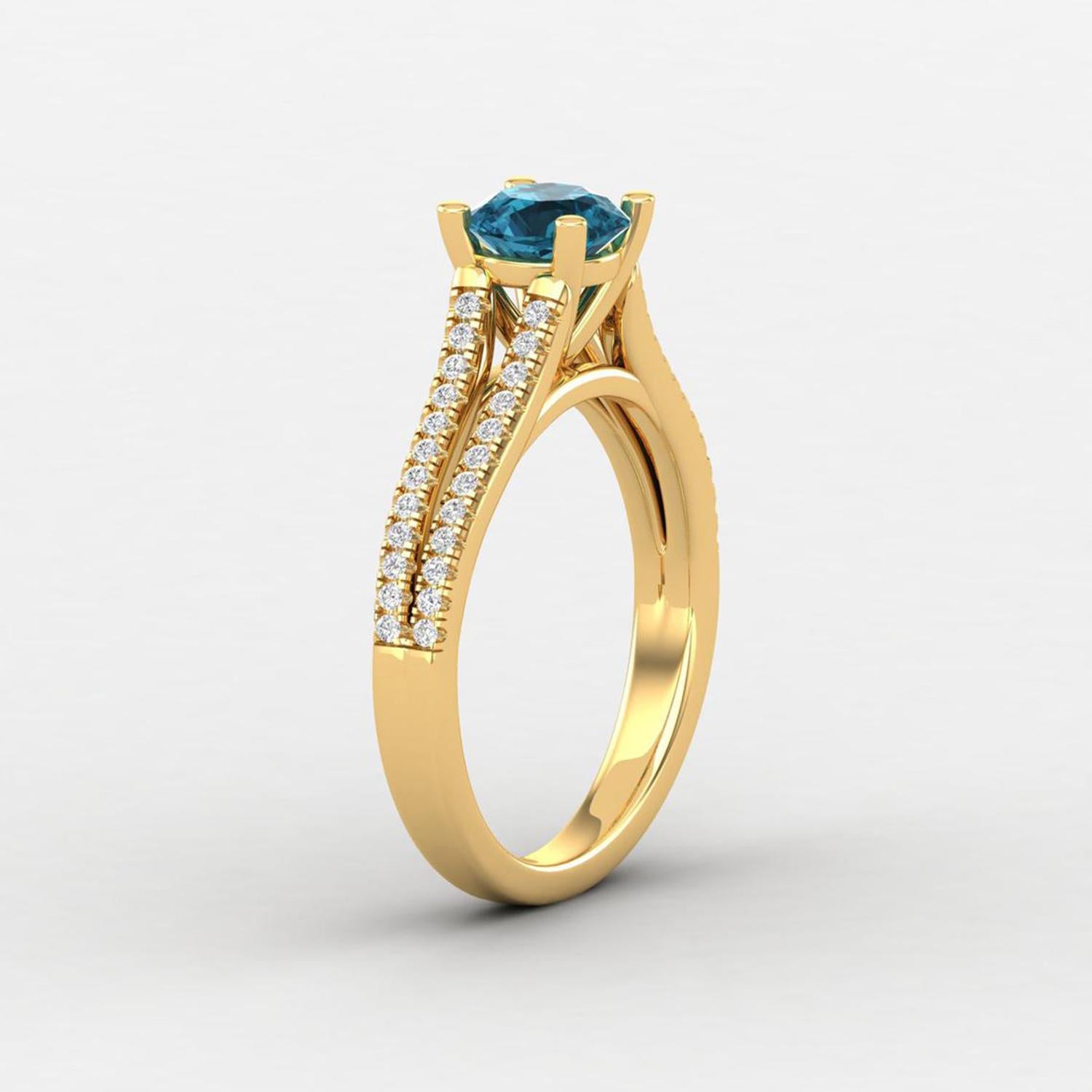 Round Cut 14 K Gold Blue Topaz Ring / Diamond Solitaire Ring / Ring for Her For Sale