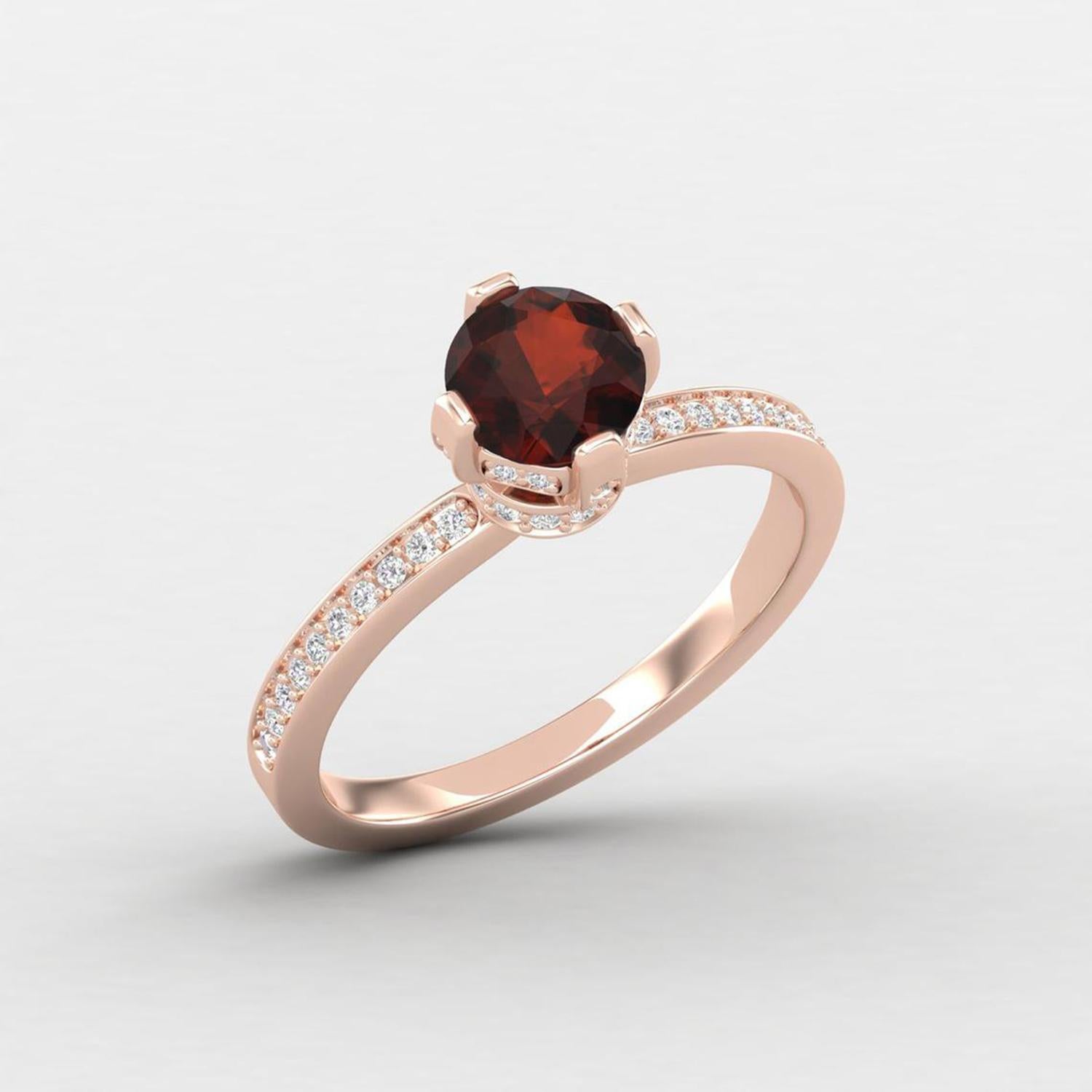 Modern 14 K Gold 6 MM Red Garnet Ring / 1 MM Diamond Solitaire Ring / Ring for Her For Sale