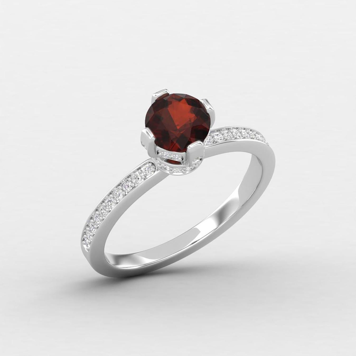 Round Cut 14 K Gold 6 MM Red Garnet Ring / 1 MM Diamond Solitaire Ring / Ring for Her For Sale