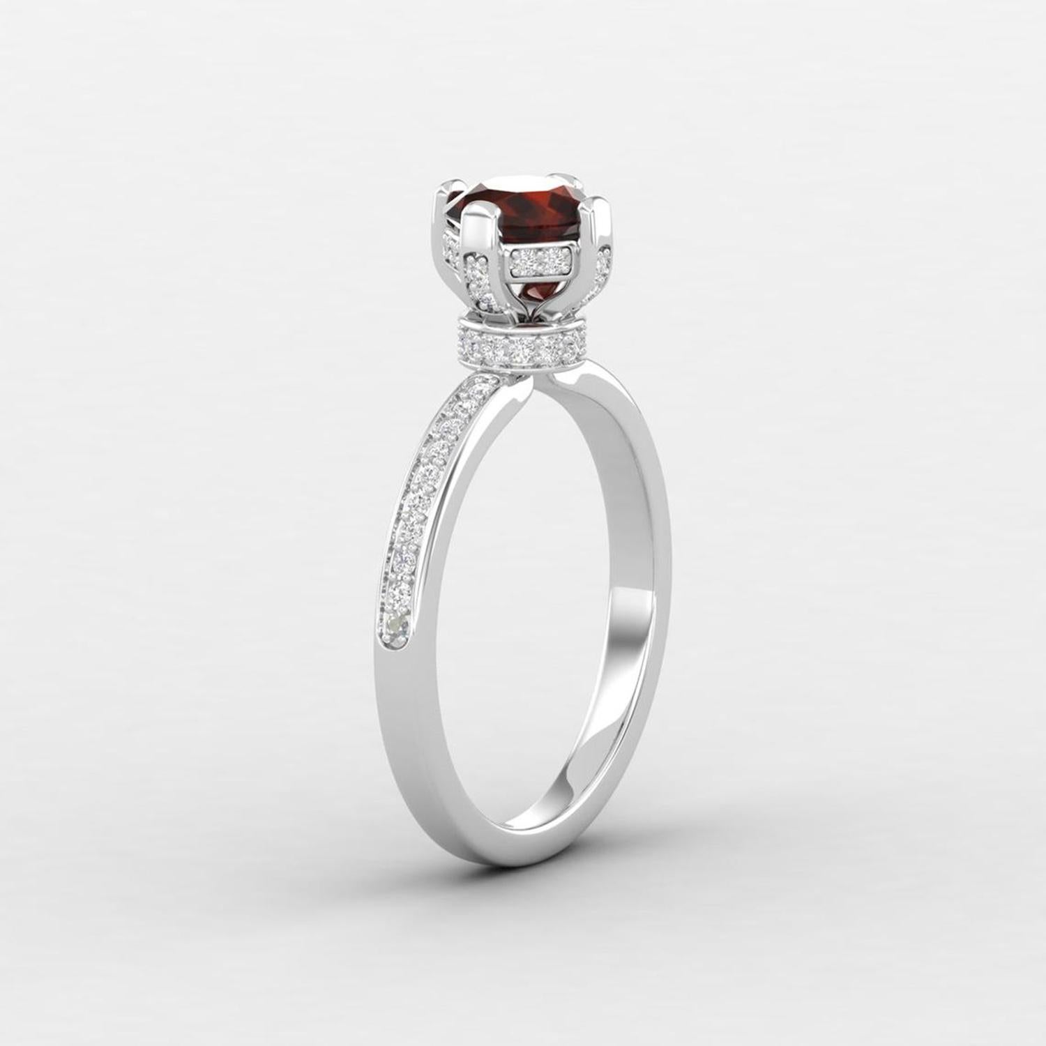 14 K Gold 6 MM Red Garnet Ring / 1 MM Diamond Solitaire Ring / Ring for Her In New Condition For Sale In Jaipur, RJ