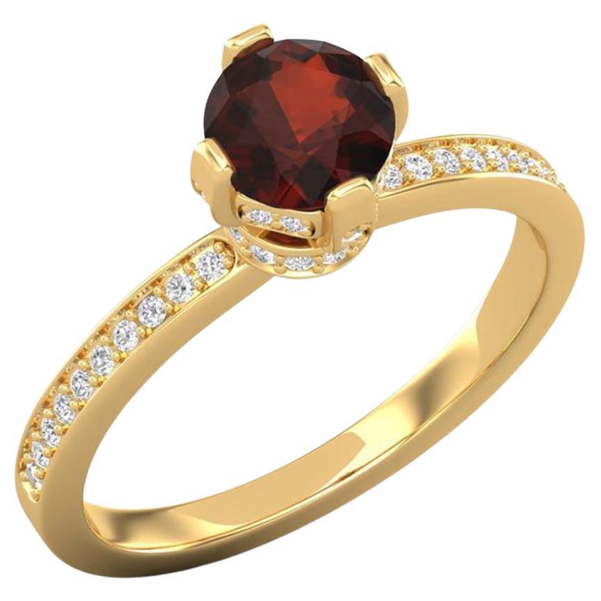 14 K Gold 6 MM Roter Granat Ring / 1 MM Diamant Solitär Ring für Her im Angebot