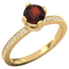 14 K Gold 6 MM Red Garnet Ring / 1 MM Diamond Solitaire Ring / Ring for Her