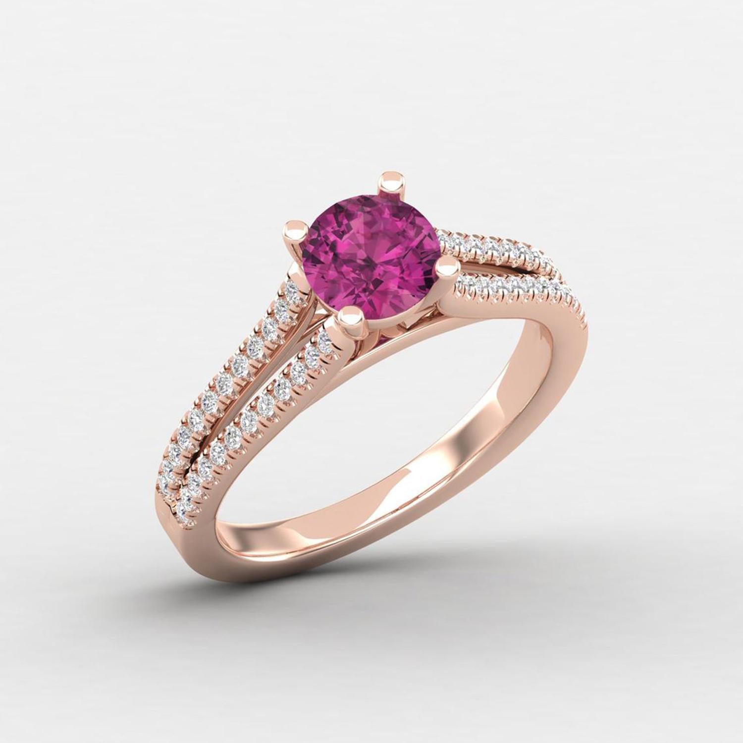 Round Cut 14 K Gold Rubellite Tourmaline Ring / Diamond Solitaire Ring / Ring for Her For Sale