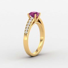 14 K Gold Rubellite Tourmaline Ring / Round Diamond Ring / Solitaire Ring