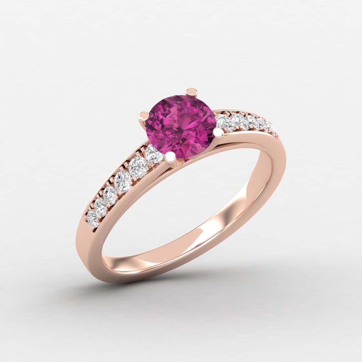 Round Cut 14 K Gold Rubellite Tourmaline Ring / Round Diamond Ring / Solitaire Ring For Sale