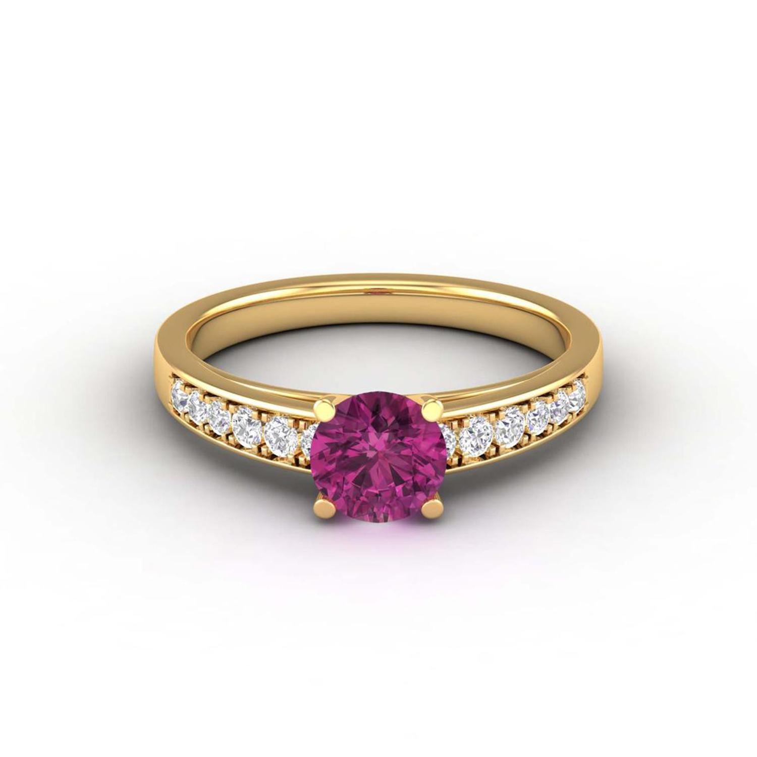 14 K Gold Rubellite Tourmaline Ring / Round Diamond Ring / Solitaire Ring For Sale 1