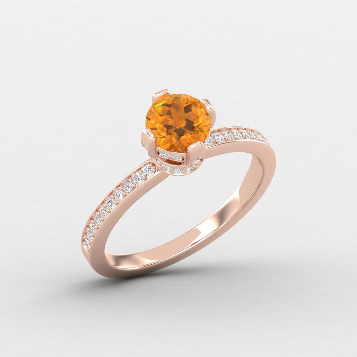 Round Cut 14 K Gold Citrine Ring / Diamond Solitaire Ring / Engagement Ring for Her For Sale