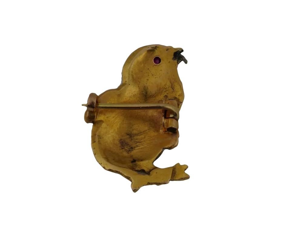 Round Cut 14 K Gold Antique Brooch Baby Chicken With Ruby Eyes