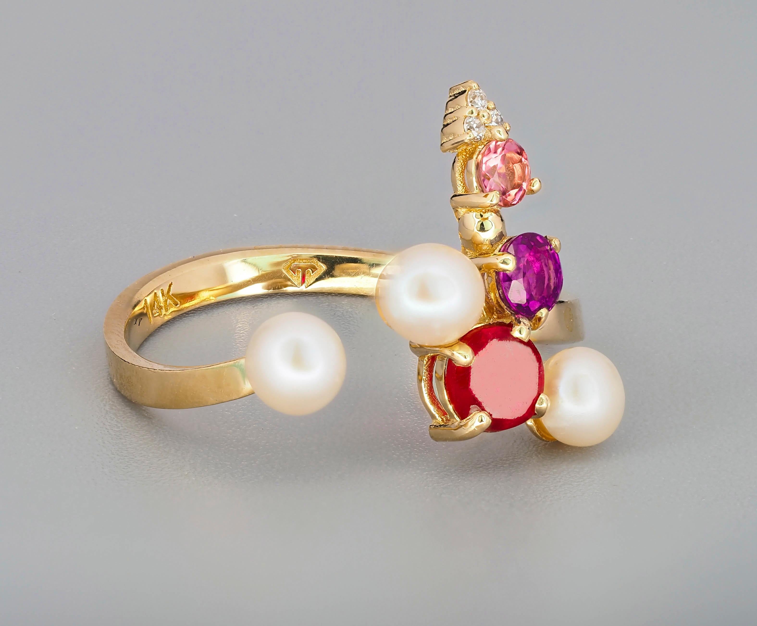 For Sale:   Ruby and multicolored gemstones ring in 14k gold! 4
