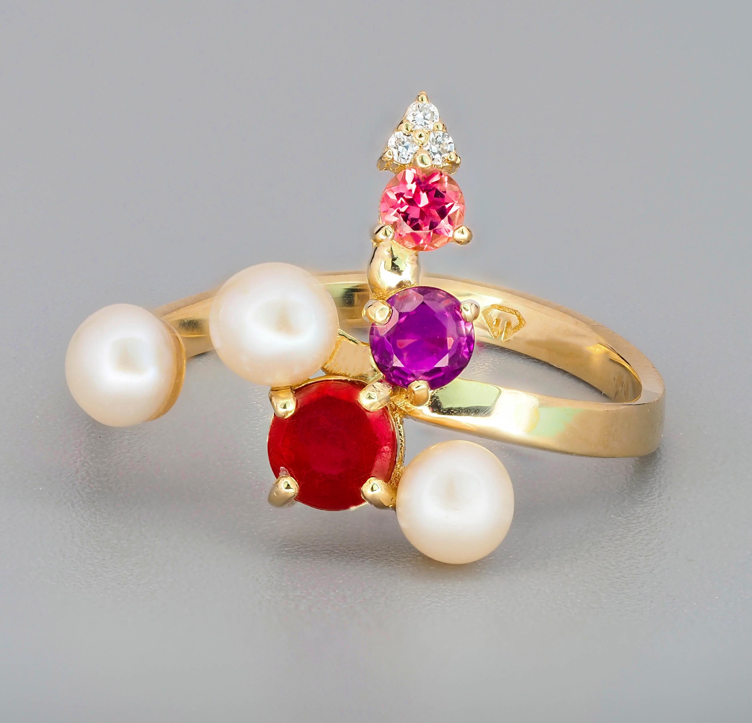 For Sale:   Ruby and multicolored gemstones ring in 14k gold! 5