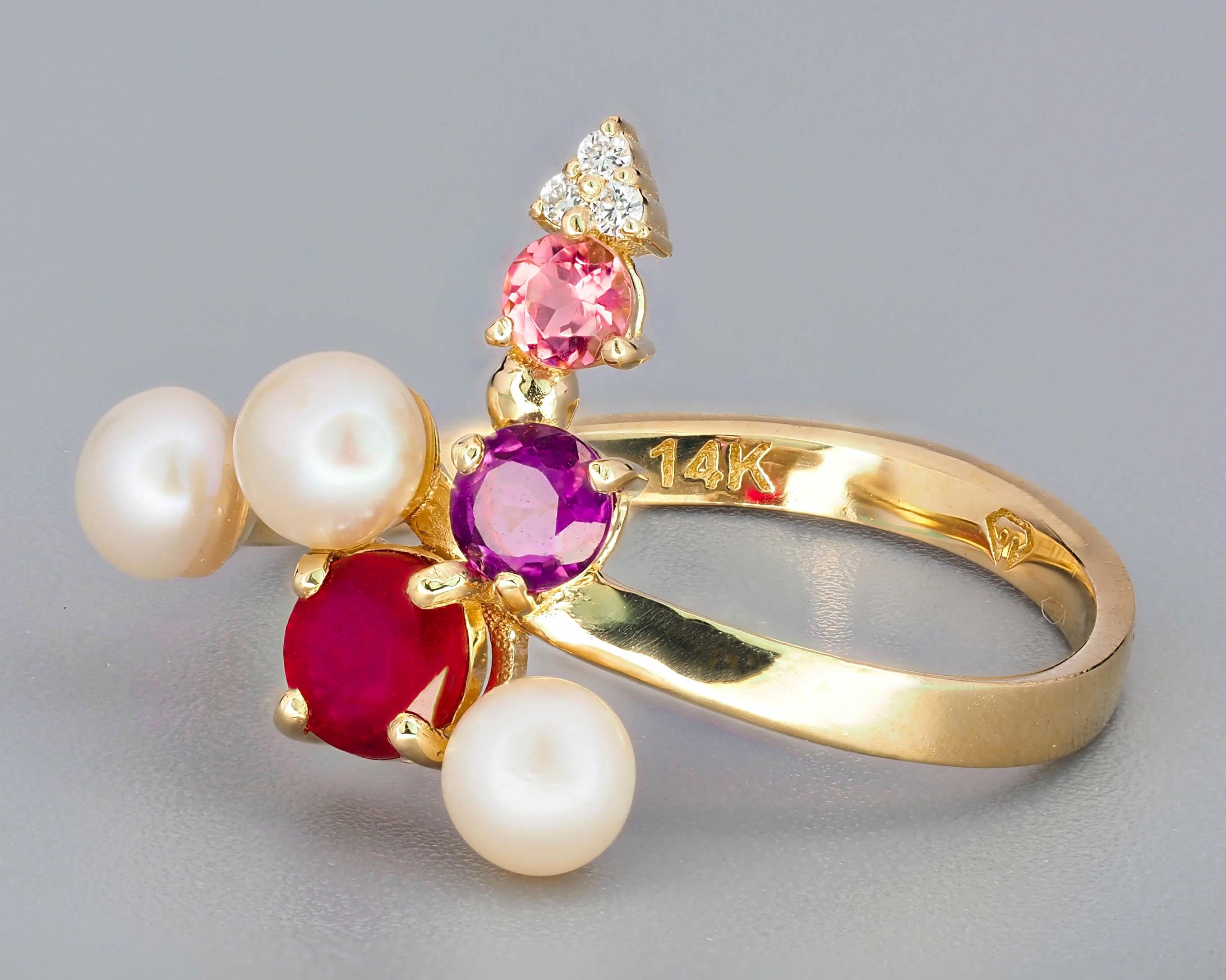 For Sale:   Ruby and multicolored gemstones ring in 14k gold! 6