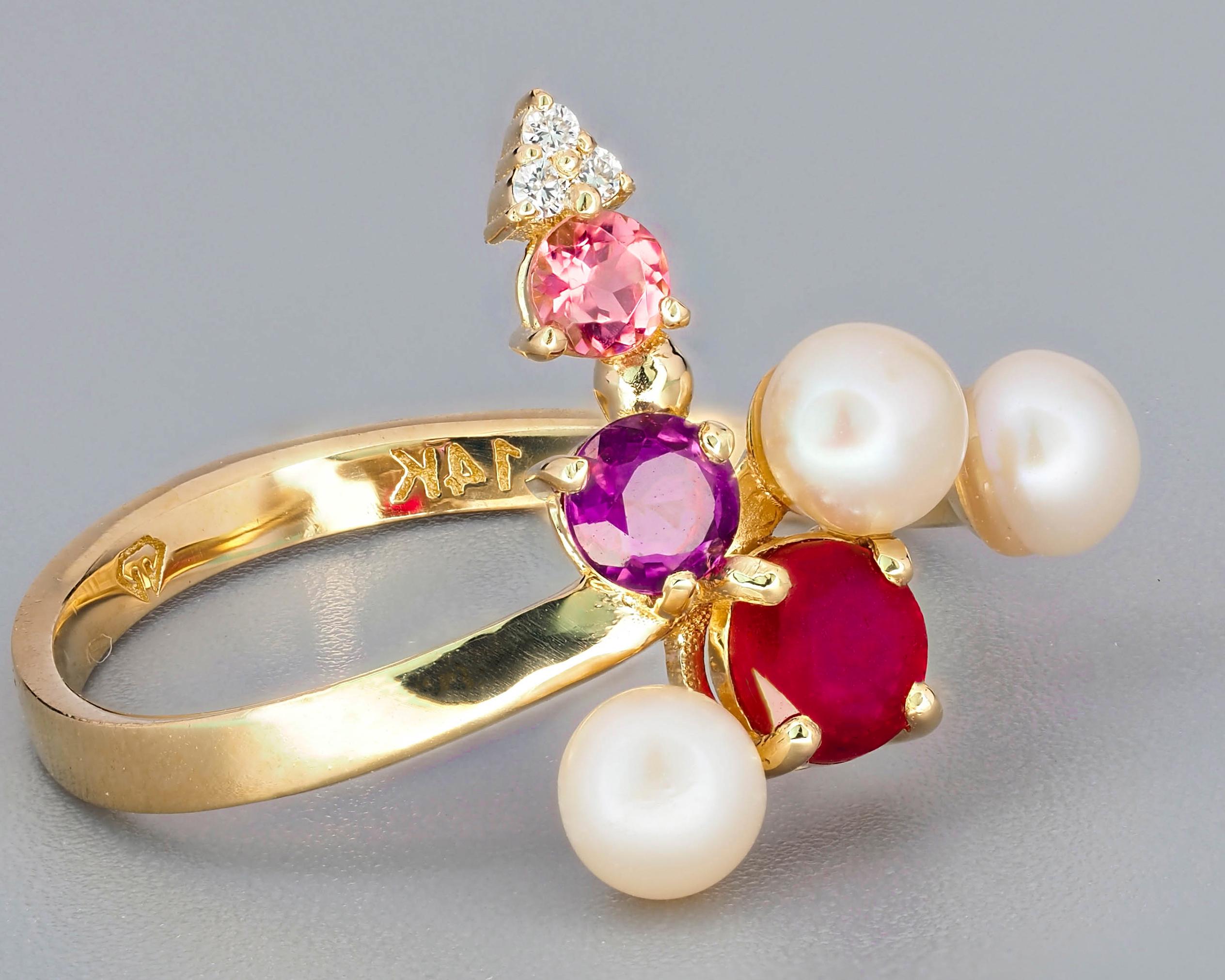 For Sale:   Ruby and multicolored gemstones ring in 14k gold! 7