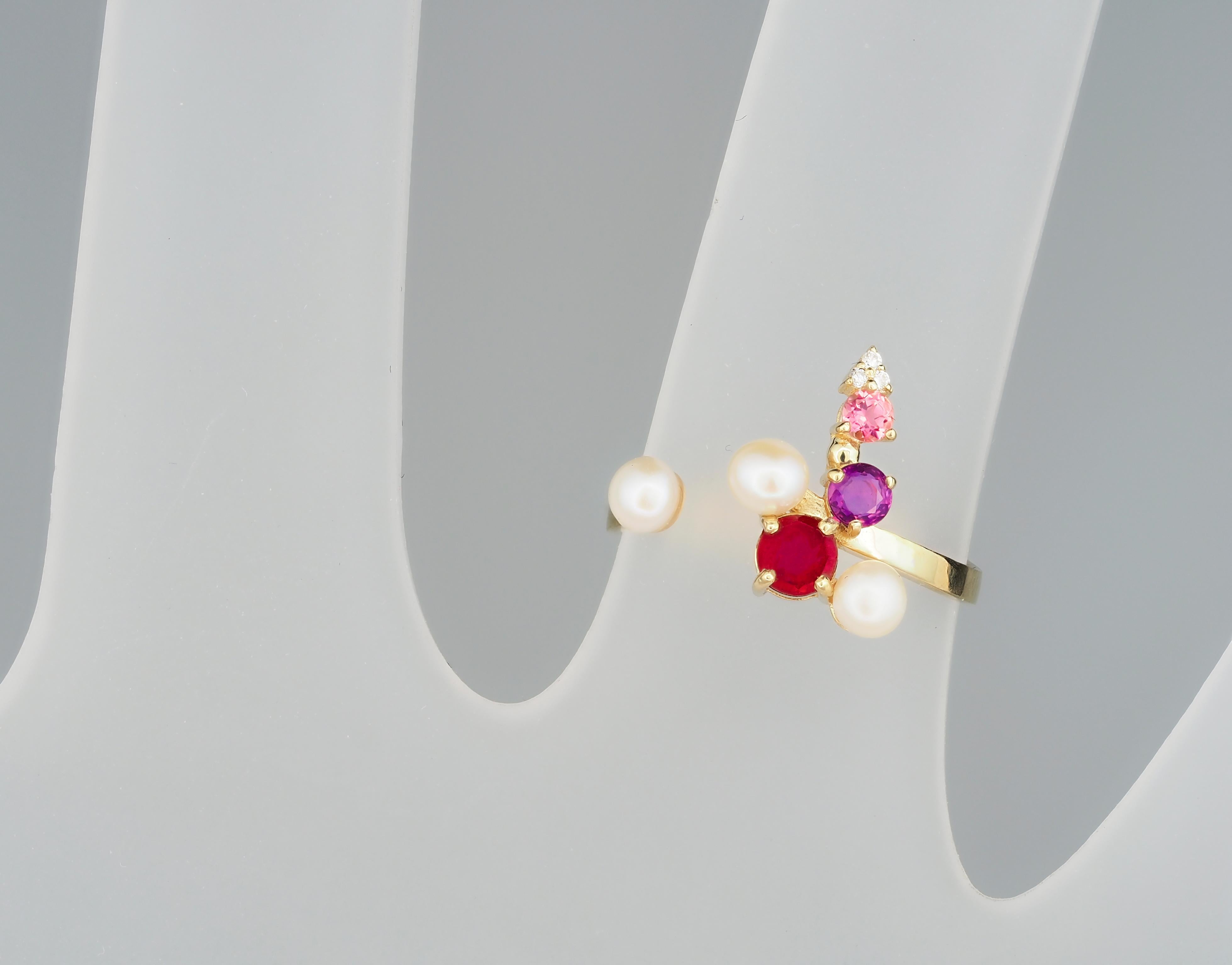 For Sale:   Ruby and multicolored gemstones ring in 14k gold! 9