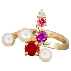14 K Gold Cluster Ring with Ruby, Amethyst, Diamonds, Garnet and Pearls